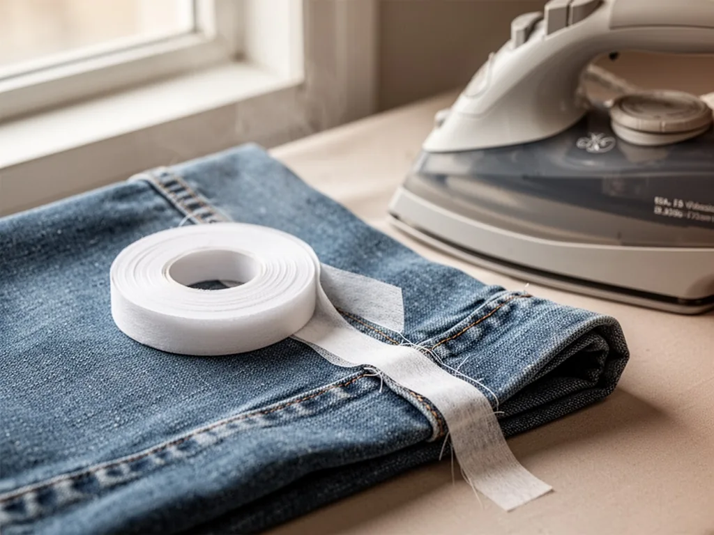A roll of fusible hem tape resting on a folded denim fabric, a hot steam iron nearby, the hem edge neatly sealed with th