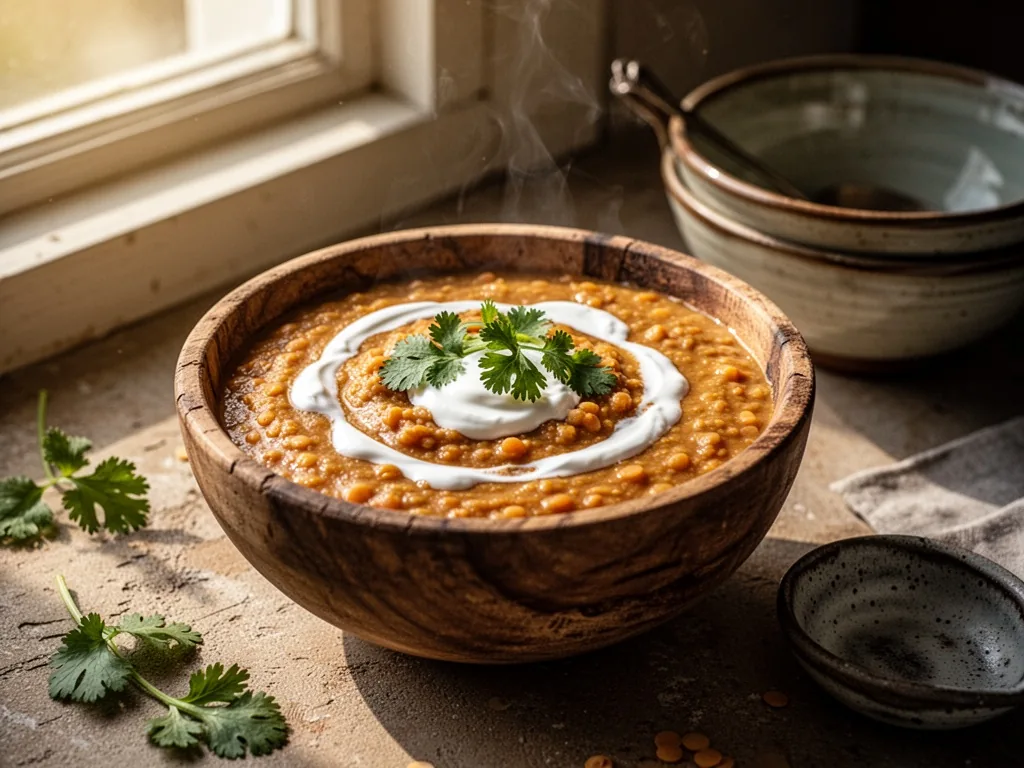 A rustic wooden bowl filled with creamy red lentil dahl, topped with fresh cilantro and a swirl of yogurt, soft natural