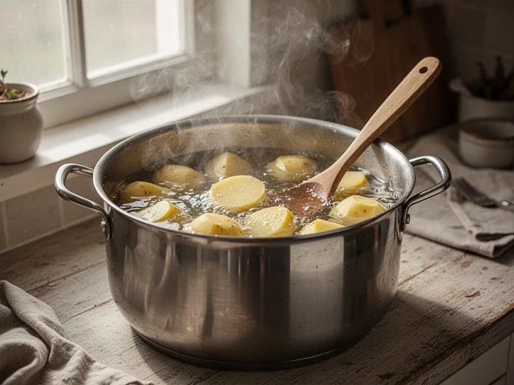 A large stainless steel pot of boiling salted water with halved yellow potatoes submerged, steam drifting upward, wooden