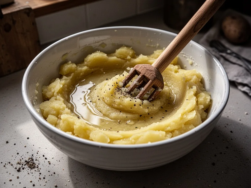 A white ceramic bowl filled with over-mashed gluey potatoes, watery pools on the surface, a wooden potato masher half-bu