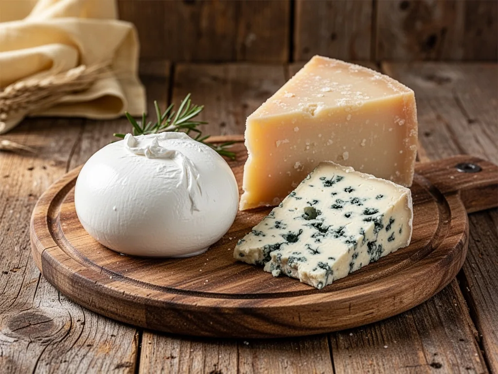 A rustic wooden platter holding three Italian cheese families: a round fresh mozzarella, a wedge of aged Parmigiano, and