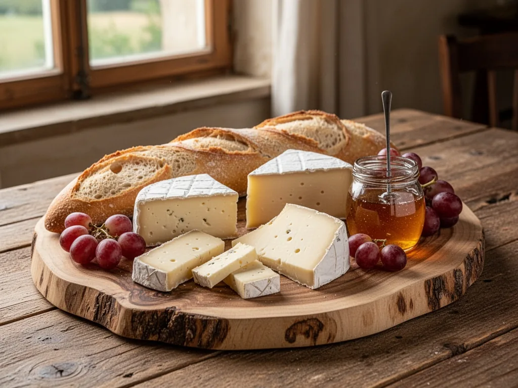 A simple and inviting cheese platter with modest Italian cheeses, sliced baguette, red grapes, and a honey jar on a natu