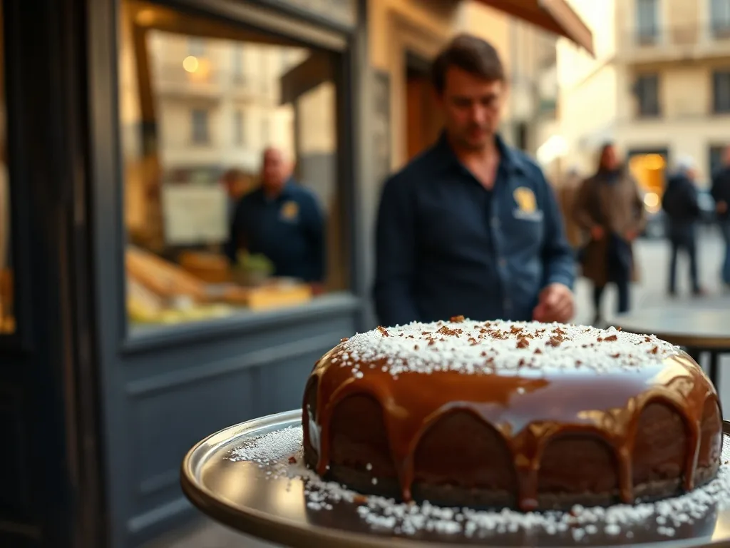 Un gâteau au chocolat et aux marrons fondant, saupoudré de sucre glace, posé sur un plat en céramique blanche.