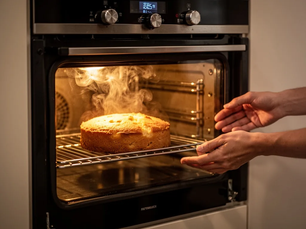 A closed oven door with a glowing interior behind the glass, vapor rising from a golden cake, hands hovering near the ha