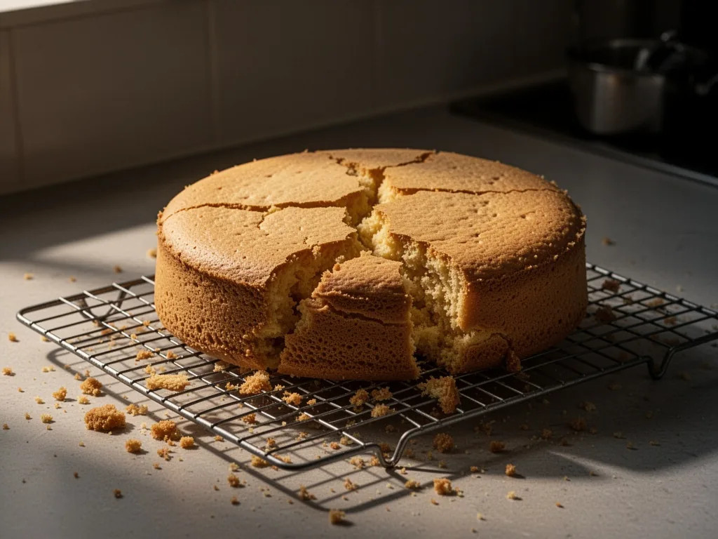 A collapsed génoise cake resting on a wire cooling rack, cracked surface, scattered crumbs around, dim kitchen light, qu