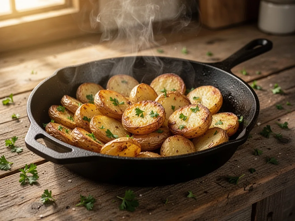 A cast-iron skillet filled with golden-brown sautéed potatoes, crispy edges visible, steam rising, scattered parsley, wa