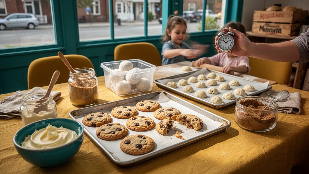 Cookies dorés parsemés de pépites de chocolat noir alignés sur une plaque recouverte de papier cuisson