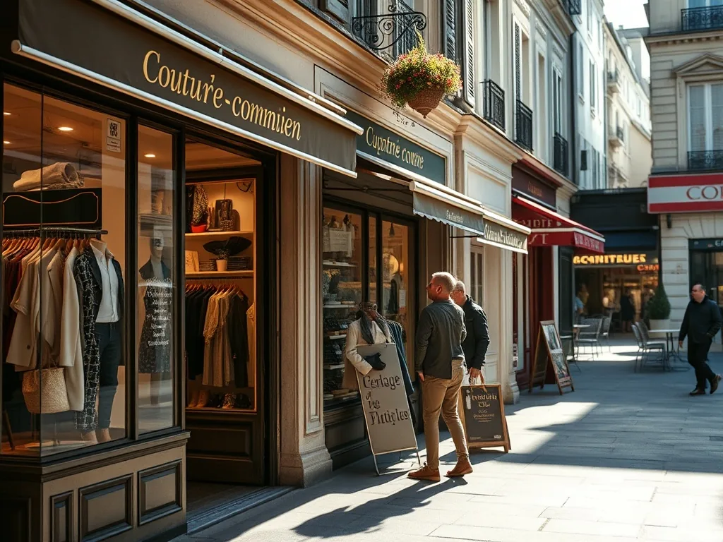 Une couturière prend les mesures d'un ourlet sur un pantalon dans un salon lumineux, mètre ruban autour du cou