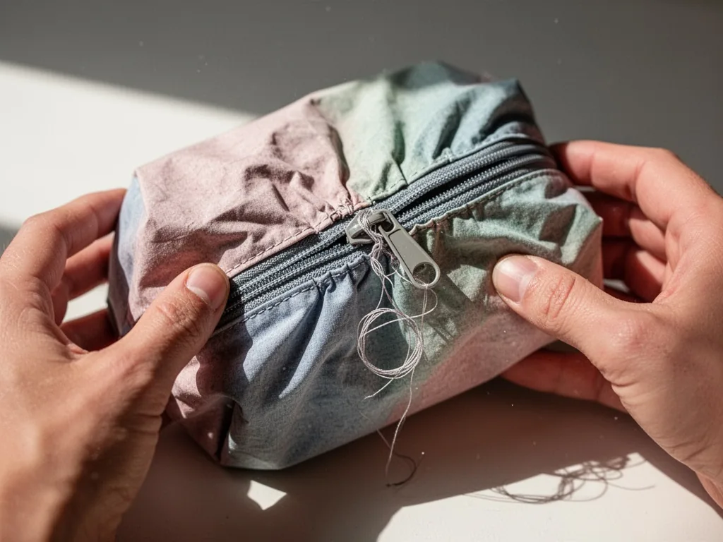 A crumpled toiletry bag with a misaligned zipper causing fabric puckering, thread tangled around the zipper pull, frustr